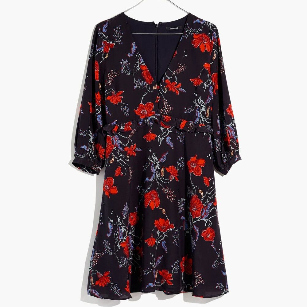 Madewell SZ 4 100% Silk Ruffle-Waist Dress in Windblown Poppies Navy & Red EUC